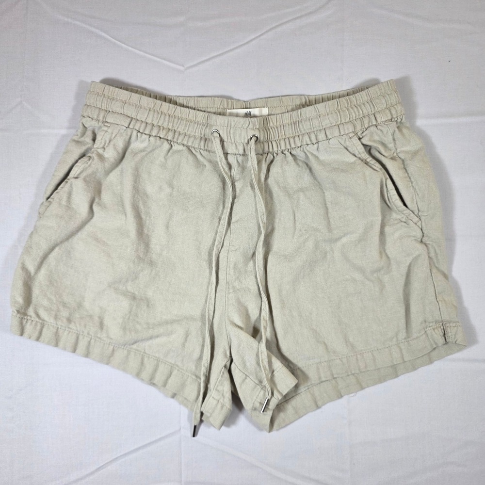 H&M L.O.G.G. Womens Beige Linen Blend Drawstring Casual Shorts Size 4 Khaki
